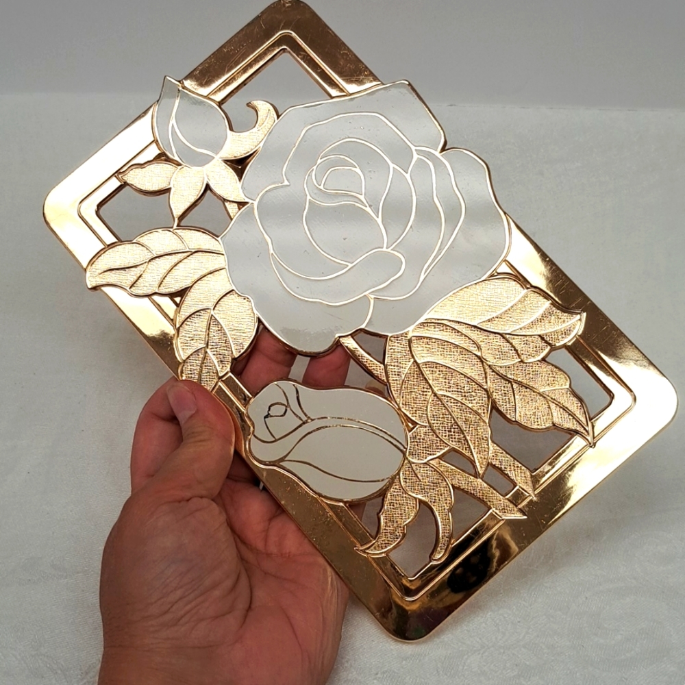 Vintage WM A Rogers Ltd enamelled rose design 5.5 x 9 gold tone metal trivet